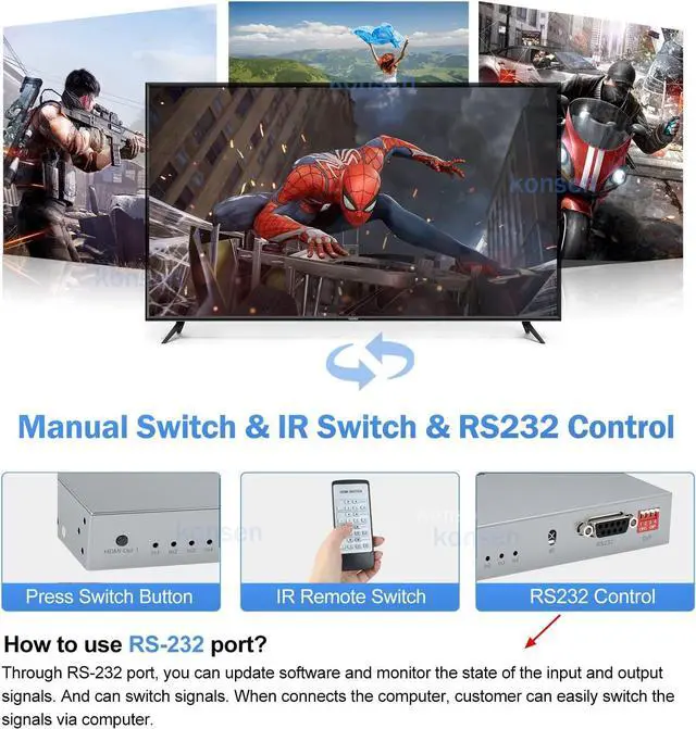 Alt view image 5 of 6 - 4x4 HDMI Matrix with Toslink&Stereo Audio out 4K HDMI Matrix Selector 4 in 4 out HDMI Switch Splitter with EDID Extractor RS232(With AU Plug)