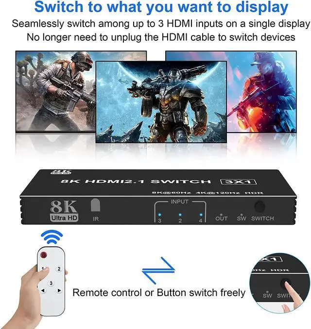 Alt view image 6 of 6 - 8K HDMI Switch 3x1 4x1 5x1 4K 120Hz HDMI 2.1 Switch 5 in 1 out Selector Box Support 48Gbps HDR10 HDCP2.3 for PC Xbox PS5 Monitor(8K 5X1)