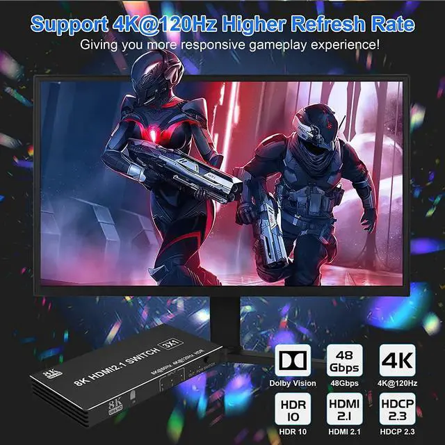 Alt view image 5 of 6 - 8K HDMI Switch 3x1 4x1 5x1 4K 120Hz HDMI 2.1 Switch 5 in 1 out Selector Box Support 48Gbps HDR10 HDCP2.3 for PC Xbox PS5 Monitor(8K 5X1)