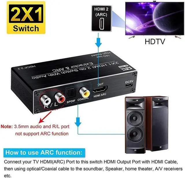 Alt view image 2 of 6 - 2 port HDMI 2.0 Audio Extractor Switch 2x1 4K 60Hz HDMI Switcher with 5.1CH ARC R/L+Toslink SPDIF+COAXIAL Audio Out HDR HDCP2.2(US power supply)