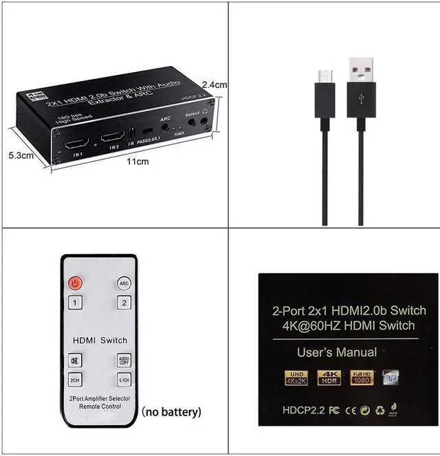 Alt view image 6 of 6 - 2 port HDMI 2.0 Audio Extractor Switch 2x1 4K 60Hz HDMI Switcher with 5.1CH ARC R/L+Toslink SPDIF+COAXIAL Audio Out HDR HDCP2.2(US power supply)