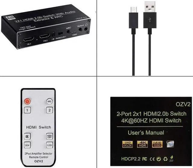 Main image of 2 port HDMI 2.0 Audio Extractor Switch 2x1 4K 60Hz HDMI Switcher with 5.1CH ARC R/L+Toslink SPDIF+COAXIAL Audio Out HDR HDCP2.2(USB power cable)