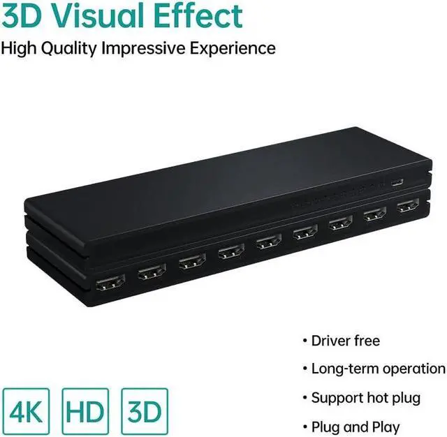 Alt view image 2 of 6 - 4K 30Hz HDMI Splitter 1 in 8 out HDMI Distributor Splitter 1x8 Video Audio Converter 1080P for Laptop PC PS4 DVD to 8 TV Monitor(with US Plug)