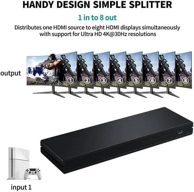 Alt view image 5 of 6 - 4K 30Hz HDMI Splitter 1 in 8 out HDMI Distributor Splitter 1x8 Video Audio Converter 1080P for Laptop PC PS4 DVD to 8 TV Monitor(with US Plug)