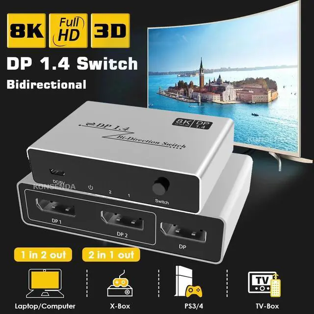 Alt view image 2 of 5 - 8K Displayport 1.4 Switch 2 in 1 out DP Bi-Direction Switch Converter 2x1/1x2 8K 60Hz HDR DP Switch Displayport Switch Splitter