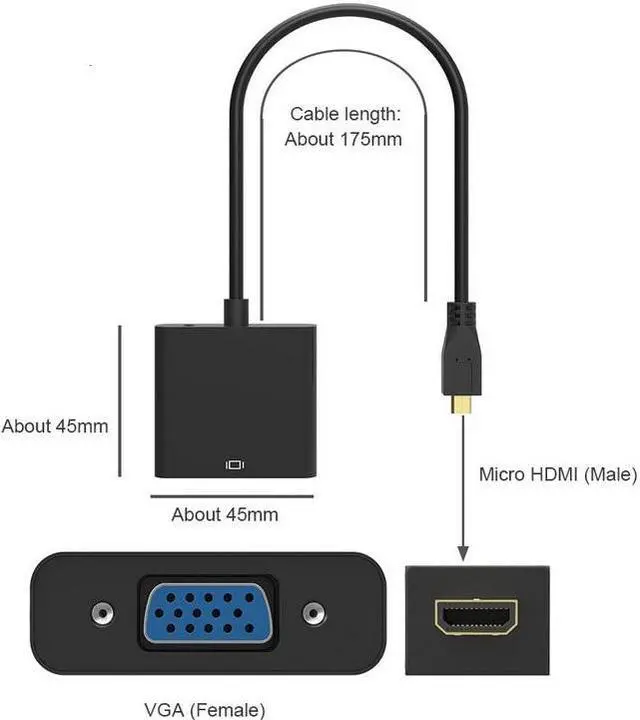 Alt view image 4 of 6 - Micro HDMI Input to VGA Output Connector Micro HDMI to VGA Cable Adapter 1080P for Camera Laptop PC HDTV PS4 Projector TV