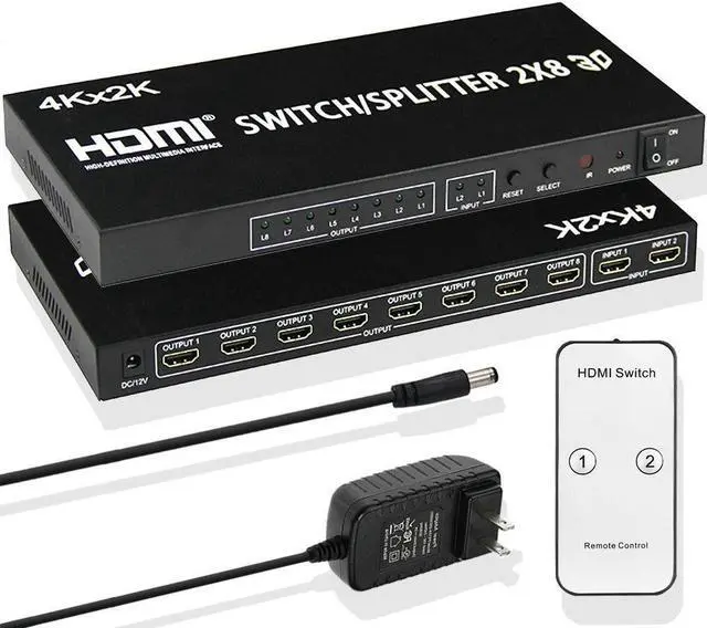 Alt view image 3 of 6 - 4K HDMI Swithch Splitter 2X8 HDMI Switch 2 in 8 out video convert HDMI Splitter 1 to 8 Screen Display for LED TV PC PS4 Monitor(UK Plug)