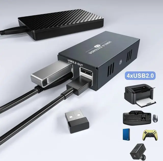 Alt view image 4 of 6 - USB2.0 Extender over cat5e/6 cable 50M USB to Rj45 UTP Extension Transmitter 4-port USB2.0 HUB for Webcam Printer Keyboard Mouse(With US Plug)