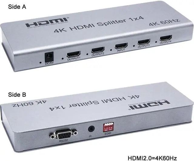 Alt view image 2 of 6 - 4K 60Hz 1x4 HDMI Splitter 1 in 4 out HDMI video distributor HDR HDCP2.2 Multi Screen Display for Camera PC TV Monitor Projector(EU Plug)
(HDMI 2.0 4K 1X4)