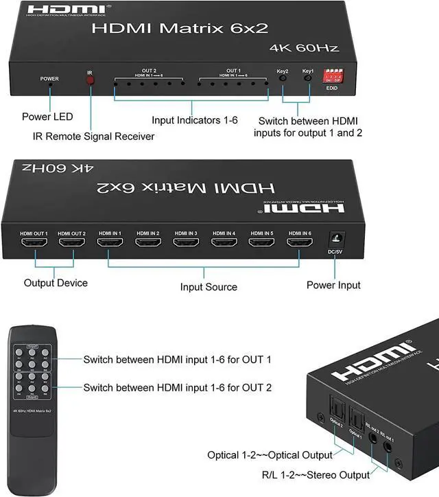 Alt view image 3 of 6 - 6x2 Matrix HDMI Switch 6 in 2 out 4K 60Hz HDMI 2.0 Matrix Switch Splitter with SPDIF R/L Audio Out EDID for Laptop PC TV Monitor(With US Plug)