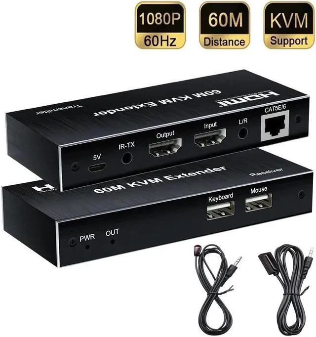 Alt view image 2 of 6 - 1080P HDMI KVM Extender over Rj45 Cat5e/6 to 60M HDMI USB KVM Extender Transmit with Loop Out Control Support USB Mouse Keyboard(USB Power cable)