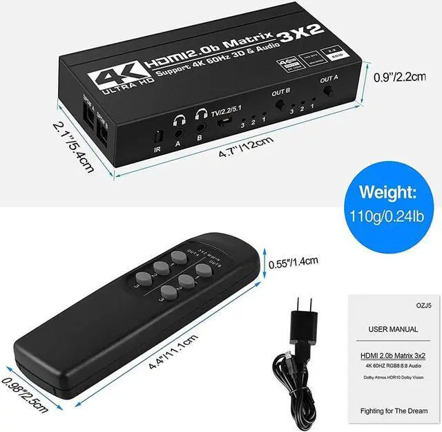 Alt view image 6 of 6 - 3x2 HDMI Matrix Switcher Audio Extractor 4K 60Hz HDMI Switch Splitter 3 in 2 out with SPDIF 3.5mm Audio Scaling Out HDR HDCP2.2(With US Plug)