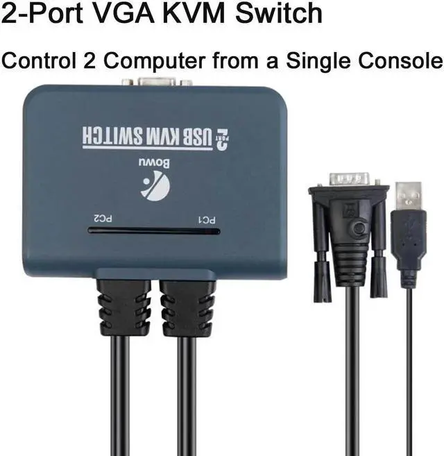 Alt view image 2 of 6 - 2x1 VGA KVM Switch 1080P VGA USB KVM Selector Switch 2 in 1 out with Cable for 2 Computer share 1 kit USB Keyboard Mouse Monitor