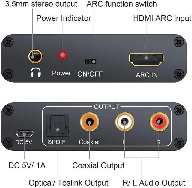 Alt view image 2 of 6 - 192KHz HDMI ARC Audio Extractor Digital to Analog Audio Converter ARC L/R Coaxial SPDIF 3.5mm Extractor Return Channel for TV