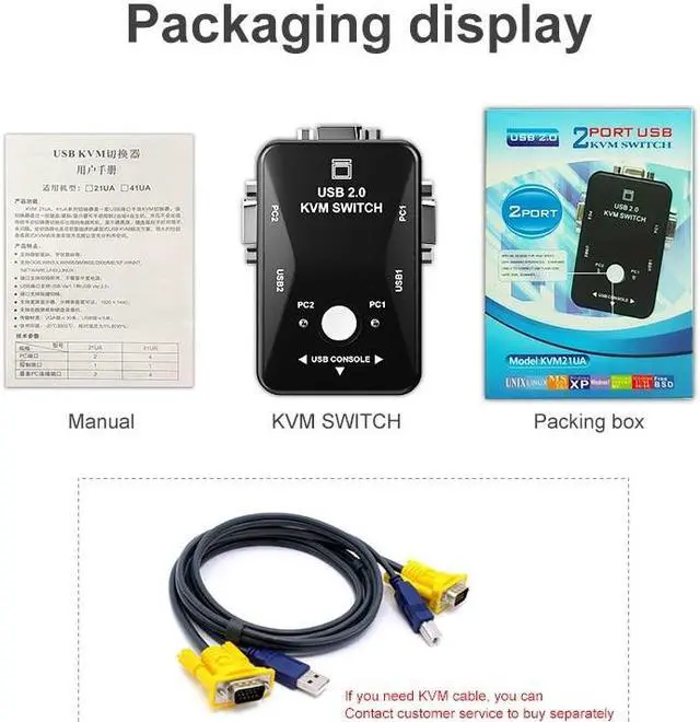 Alt view image 6 of 6 - VGA KVM Switch 2x1 1080P VGA USB Switch 2 in 1 out for 2 Computer Laptor Share 1 Monitor & 2 USB Support Mouse Keyboard Printer(with 2 pcs cable)