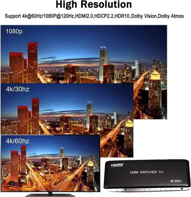 Alt view image 6 of 6 - 4K 60Hz HDMI Switch 7x1 4x1 3x1 HDMI 2.0 Switcher Video Selector 7 in 1 out Support HDR HDCP2.2 for PS3 XBOX DVD PC HDTV Monitor(AU Plug)
(HDMI Switch 7x1)