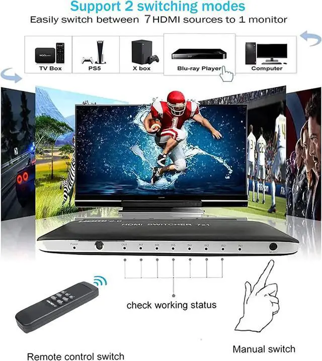 Alt view image 5 of 6 - 4K 60Hz HDMI Switch 7x1 4x1 3x1 HDMI 2.0 Switcher Video Selector 7 in 1 out Support HDR HDCP2.2 for PS3 XBOX DVD PC HDTV Monitor(AU Plug)
(HDMI Switch 7x1)