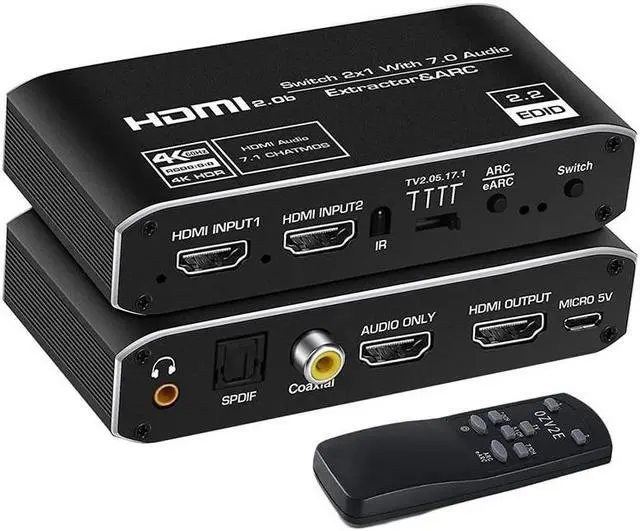 Main image of 2x1 HDMI Switch Audio Extractor 2 in 1 out 4K HDMI 2.0 Audio Extractor with eARC HDMI to Optical Toslink Coaxial Audio Switcher(with EU Plug)