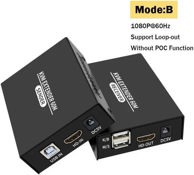 Main image of 60M HDMI KVM Extender Over Single Cat5E/6 Ethernet Cable HDMI USB KVM Extender Transmitter Receiver Extension for Keyboard Mouse(US Plug)
(Mode-B)