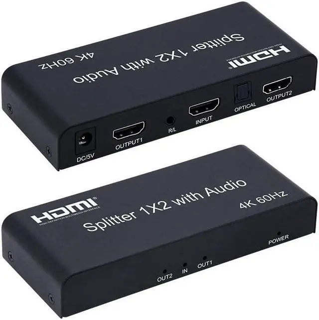 Alt view image 2 of 6 - 1x2 HDMI Splitter with Audio Extractor 4K 60Hz HDMI Distributor Splitter 1 in 2 out with SPDIF Optical + 3.5mm Stereo Audio Out(with US Plug)