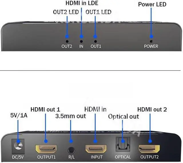 Alt view image 3 of 6 - 1x2 HDMI Splitter with Audio Extractor 4K 60Hz HDMI Distributor Splitter 1 in 2 out with SPDIF Optical + 3.5mm Stereo Audio Out(with US Plug)