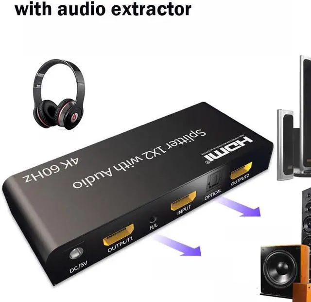 Alt view image 4 of 6 - 1x2 HDMI Splitter with Audio Extractor 4K 60Hz HDMI Distributor Splitter 1 in 2 out with SPDIF Optical + 3.5mm Stereo Audio Out(with US Plug)