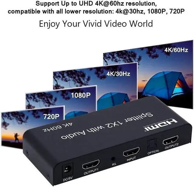 Alt view image 6 of 6 - 1x2 HDMI Splitter with Audio Extractor 4K 60Hz HDMI Distributor Splitter 1 in 2 out with SPDIF Optical + 3.5mm Stereo Audio Out(with US Plug)