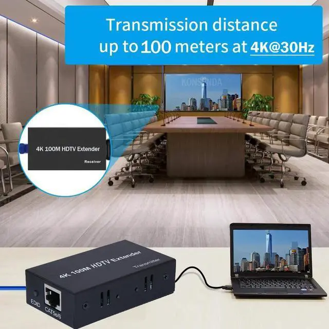 Alt view image 4 of 6 - 4K HDMI Extender 100M over Single Cat5E/6 Cable HDMI Ethernet Extender Transmit Extension Repeater with EDID for PC HDTV Laptop(with US Plug)