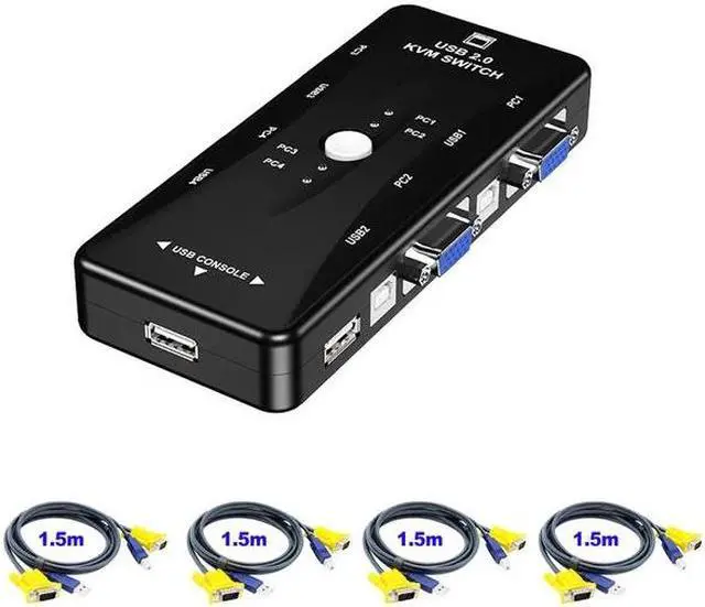 Alt view image 2 of 6 - 4 Port VGA KVM Switcher 4x1 VGA USB VGA Switch 4 in 1 out support Printer Mouse Keyboard Share 1920*1440 VGA Switch Box Adapter(with 4 cable)