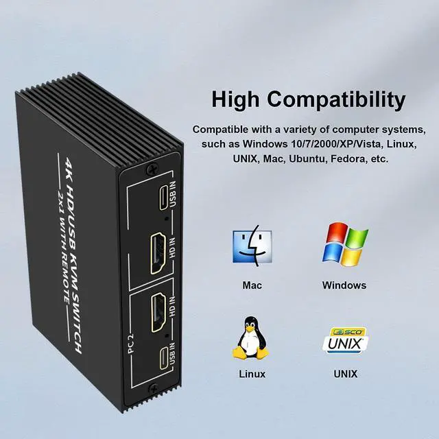Alt view image 6 of 6 - 2 Port HDMI KVM Switch 2 in 1 out 4K 30Hz HDMI USB Switcher 2x1 KVM Switch for 2 PC Sharing Keyboard Mouse Monitor for PC Loptop
