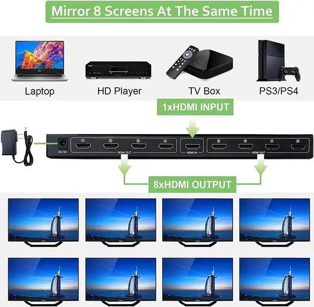 Alt view image 2 of 6 - 4K 1x8 HDMI Splitter 1 in 8 out HDMI Distributor Video Audio Converter 1 HDMI Source to 8 Display for DVD PS3/4 Camera Laptop PC(With US Plug)
(Ferroalloy 4K 1X8)