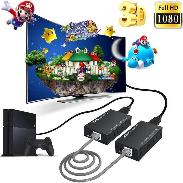 Alt view image 3 of 6 - 60M HDMI Extender over Cat5e/6 Cable 1080P HDMI to Ethernet RJ45 Extender Repeater Transmit Converter for PC Loptop TV Monitor(EU Plug)