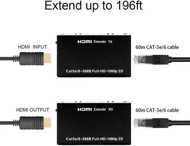 Alt view image 5 of 6 - 60M HDMI Extender over Cat5e/6 Cable 1080P HDMI to Ethernet RJ45 Extender Repeater Transmit Converter for PC Loptop TV Monitor(EU Plug)