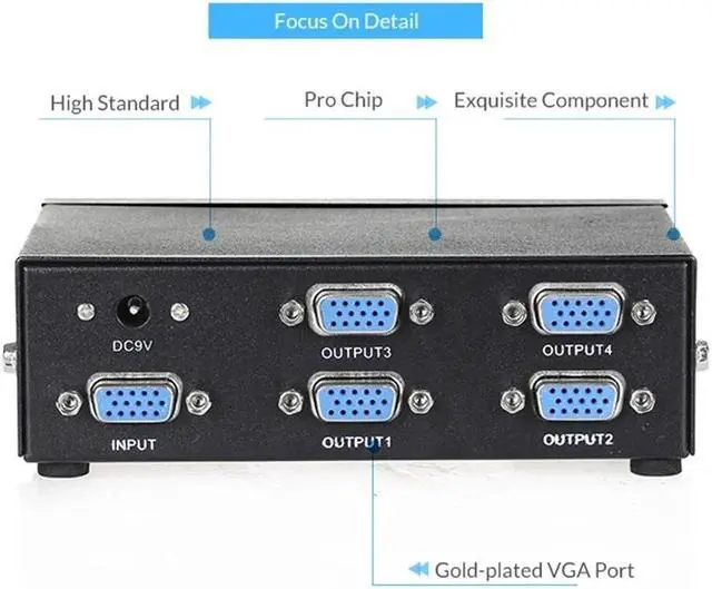 Main image of 4 Port VGA Splitter 1 In 4 Out 1080P VGA Distributor Splitter 1x4 Video Screen Duplication Converter Support 200MHz Bandwidth(US Plug)