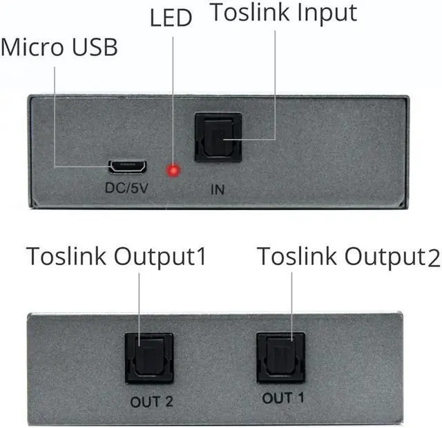 Alt view image 3 of 6 - 1X2 Toslink Optical Digital Audio Splitter 1 in 2 Out Support LPCM 2.0 DTS Dolby Digital for PS4 DVD HDTV STB VHS VCR
