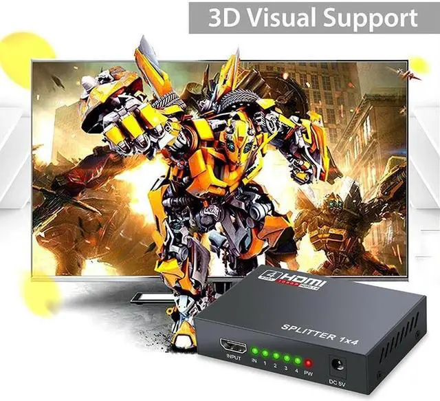 Alt view image 4 of 6 - 1x4 HDMI Splitter 1080P HDMI Video Splitter 1 in 4 out HDMI Distributor Amplifier HDMI switcher For PS3/4 HDTV PC Xbox Projector(USB Power Cable)
