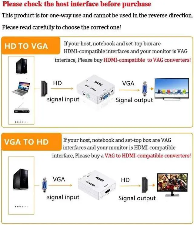 Alt view image 3 of 6 - Mini HDMI to VGA Converter With Audio out 1080P VGA to HDMI Adapter Video Audio Box for TV Box  PC Laptop Monitor Projector(VGA2HDMI-Black)