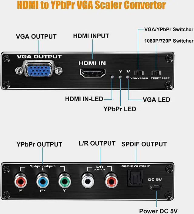 Alt view image 3 of 6 - HDMI to YPbPr Scaler 1080P HDMI to Component RGB 5RCA or VGA Scaler Converter with Toslink SPDIF Audio Output for PS4 TV DVD(US Plug)
