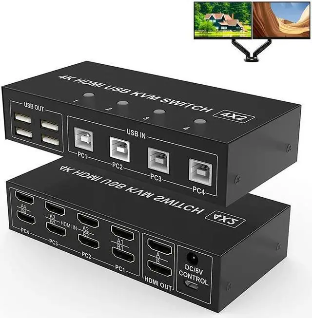 Main image of Dual Monitor HDMI KVM Switch 4x2 Extended Display 4K@60Hz HDMI USB KVM Switcher 2 in 4 out for 4 PC Share Monitor Mouse Keyboard