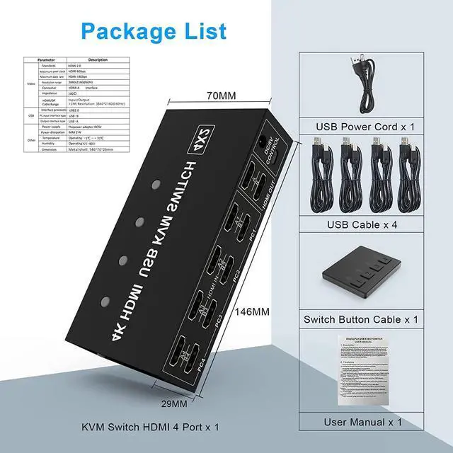 Alt view image 5 of 6 - Dual Monitor HDMI KVM Switch 4x2 Extended Display 4K@60Hz HDMI USB KVM Switcher 2 in 4 out for 4 PC Share Monitor Mouse Keyboard