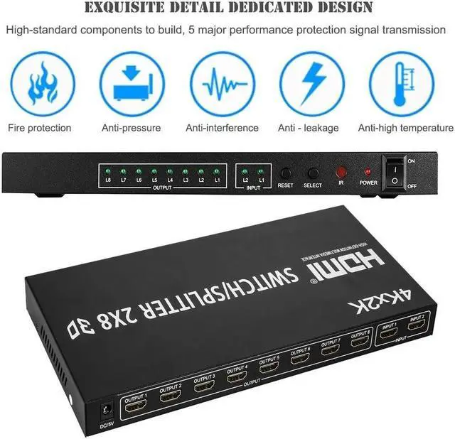 Alt view image 5 of 6 - 2x8 HDMI Switcher Splitter 4K HDMI splitter 1 to 8 Screen Mirror Video Selector 2x4 Converter with Remote for HDTV PC Projector(US Plug)
(V1.4 2x8)