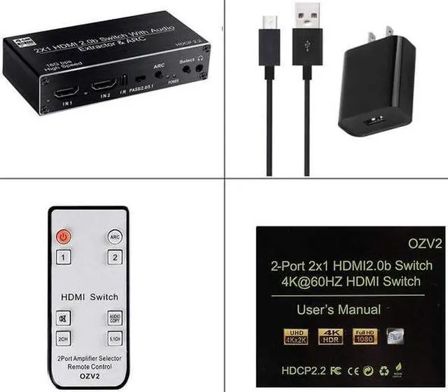 Main image of 2x1 HDMI Switch Audio Extractor 4K 60Hz 5.1CH HDMI ARC Switcher with Optical SPDIF+Coaxial+R/L Stereo Audio Out HDCP 2.2 for PS5(US power supply)