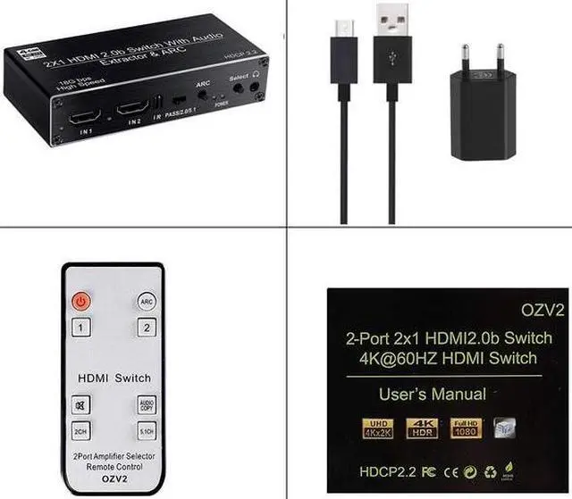 Main image of 2x1 HDMI Switch Audio Extractor 4K 60Hz 5.1CH HDMI ARC Switcher with Optical SPDIF+Coaxial+R/L Stereo Audio Out HDCP 2.2 for PS5(EU power supply)
