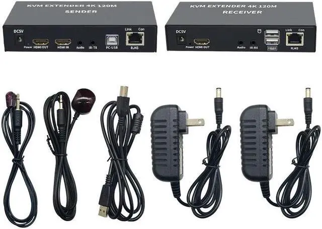 Alt view image 2 of 6 - 4K HDMI KVM Extender Over cat5e/6 ethernet cable 120M HDMI USB Extender Video Audio Transmitter Receiver Support Keyboard Mouse(With US Plug)