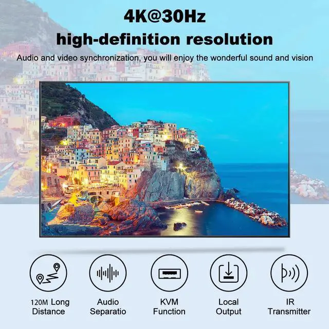 Alt view image 3 of 6 - 4K HDMI KVM Extender Over cat5e/6 ethernet cable 120M HDMI USB Extender Video Audio Transmitter Receiver Support Keyboard Mouse(With US Plug)