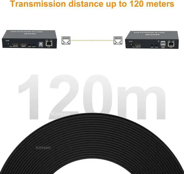 Alt view image 4 of 6 - 4K HDMI KVM Extender Over cat5e/6 ethernet cable 120M HDMI USB Extender Video Audio Transmitter Receiver Support Keyboard Mouse(With US Plug)