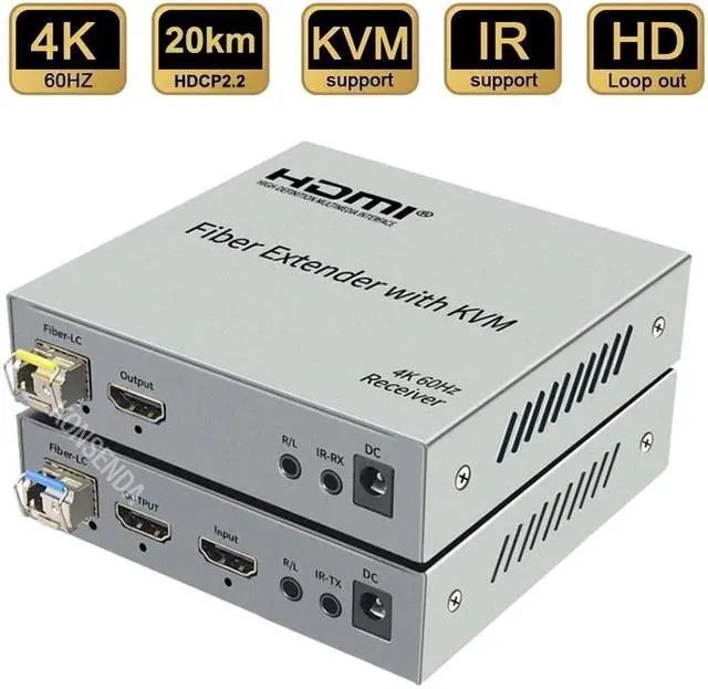 Alt view image 2 of 6 - 20Km 4K 60Hz HDMI KVM Fiber Extender over LC Fiber Optic Cable HDMI over Fiber USB KVM Extender with SFP Support Keyboard Mouse(US Plug)