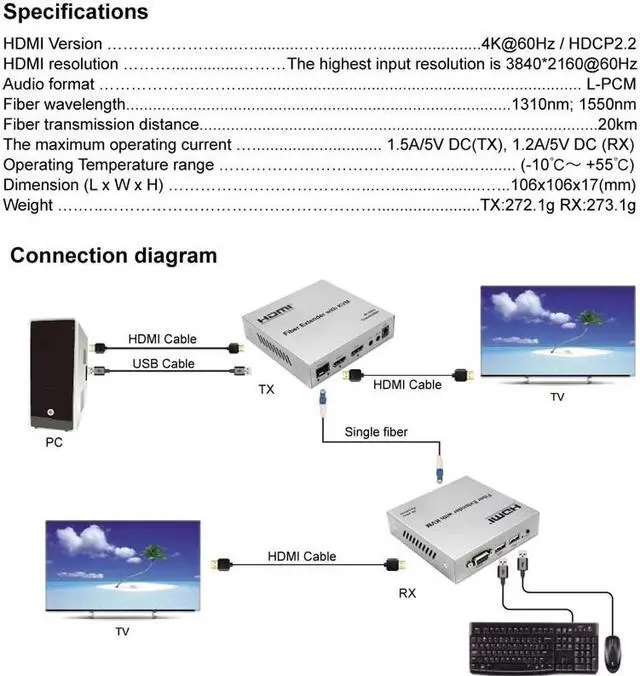Alt view image 5 of 6 - 20Km 4K 60Hz HDMI KVM Fiber Extender over LC Fiber Optic Cable HDMI over Fiber USB KVM Extender with SFP Support Keyboard Mouse(US Plug)