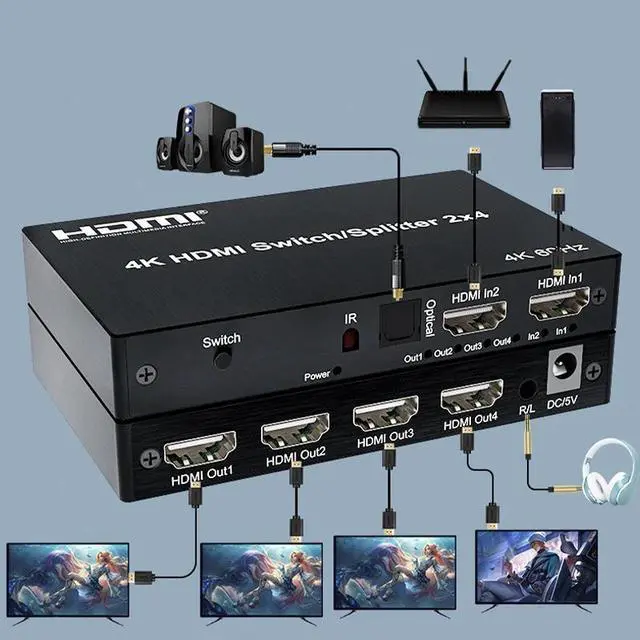 Alt view image 3 of 5 - 4K@60Hz 2x4 Switch 2 In 4 Out HDMI-compatible 5M/30M Extend Splitter Switcher With Audio Extractor for 4 Screen Monitor Display(With UK Plug)