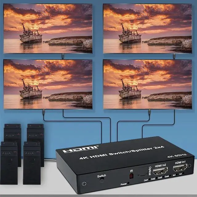 Alt view image 4 of 5 - 4K@60Hz 2x4 Switch 2 In 4 Out HDMI-compatible 5M/30M Extend Splitter Switcher With Audio Extractor for 4 Screen Monitor Display(With UK Plug)